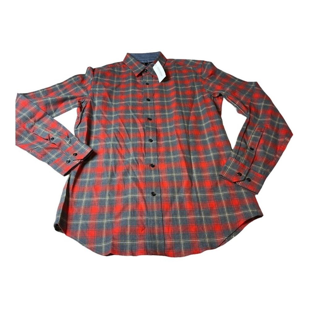 Banana Republic Luxe Flannel Shirt Small Orange Gray Plaid 100% Cotton Soft NWT